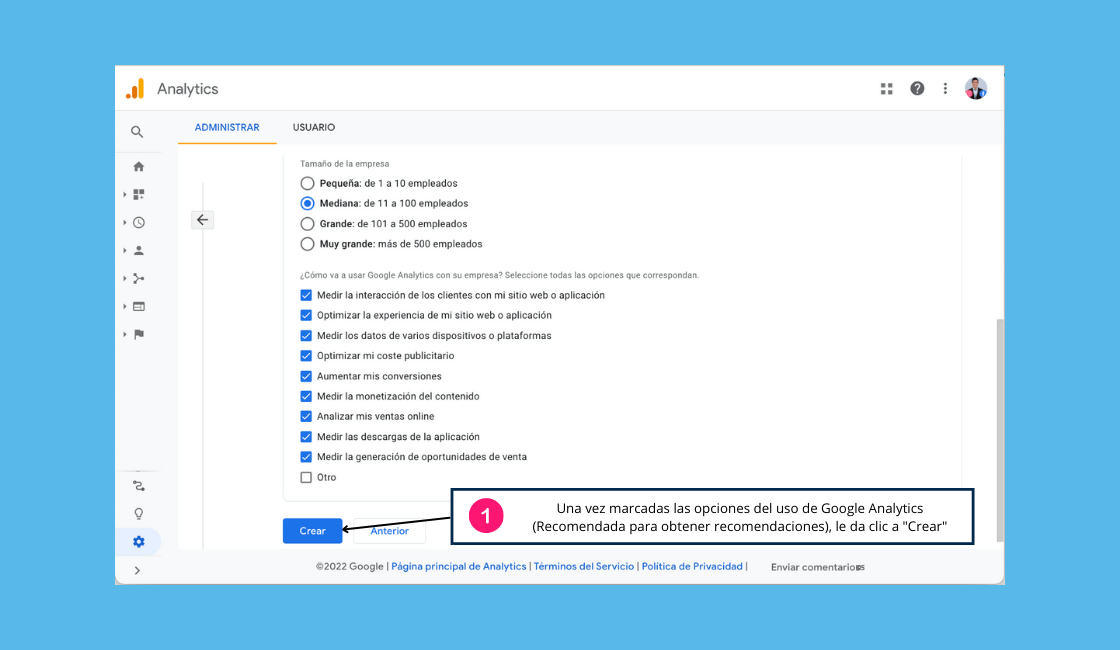 Cómo crear una cuenta en Google Analytics paso 4